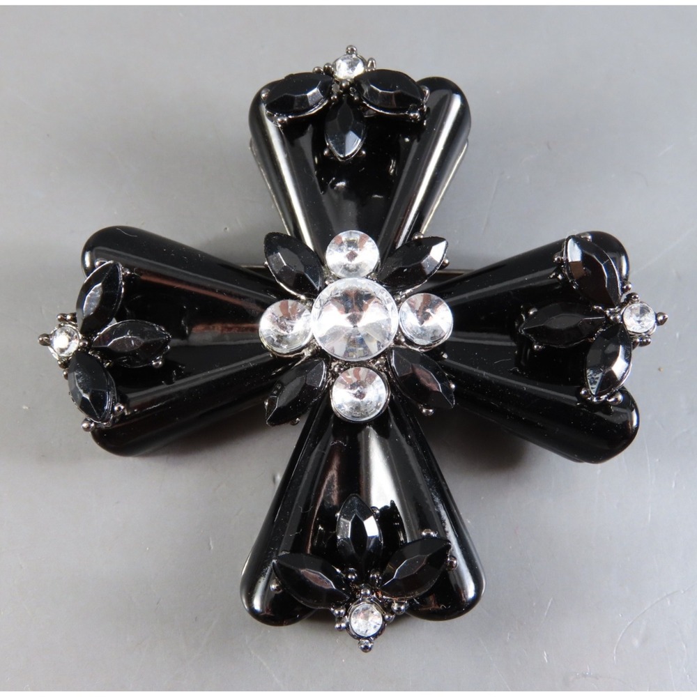 Vintage MALTESE CROSS BROOCH PIN Black Lucite & CLEAR RHINESTONES Whimsigoth!
